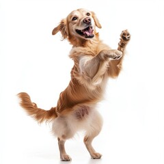 A golden retriever dog standing on its hind legs with its front paws raised, looking up with a...