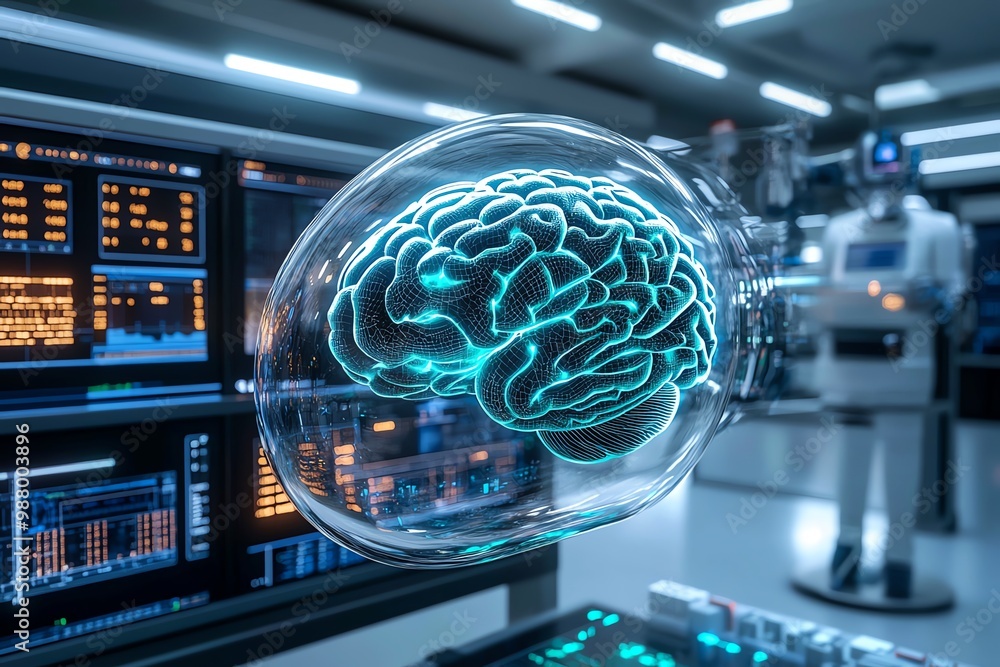 Aufkleber Sci-fi brain in a transparent tube, floating in a futuristic lab with glowing control panels and data screens