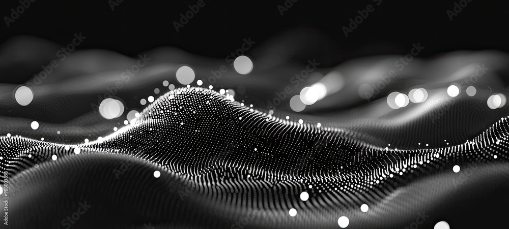 Poster abstract representation of waves with glowing particles in a dark background.