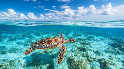 Swimming across the pristine lagoon of Lady Elliot Island on the Great Barrier Reef in Queensland, Australia, is a green sea turtle.
