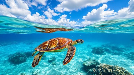 Swimming across the pristine lagoon of Lady Elliot Island on the Great Barrier Reef in Queensland, Australia, is a green sea turtle.