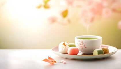 Fototapeta premium Green Tea and Sweet Treats with Cherry Blossom Background