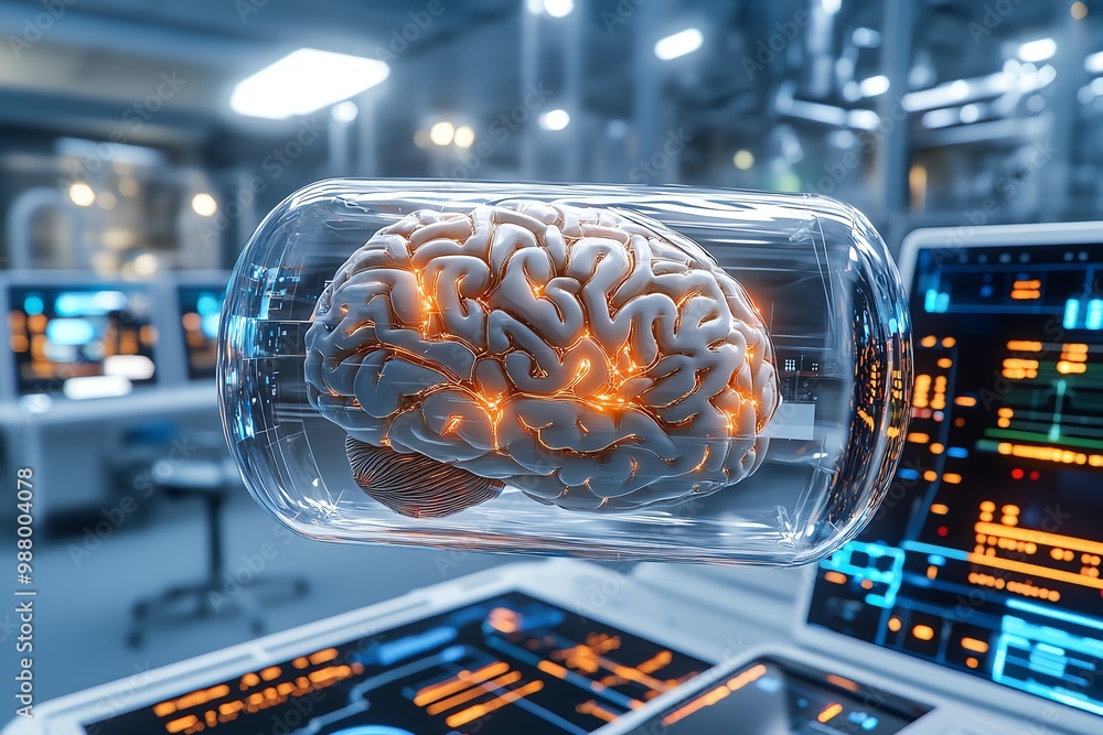 Aufkleber Sci-fi brain in a transparent tube, floating in a futuristic lab with glowing control panels and data screens
