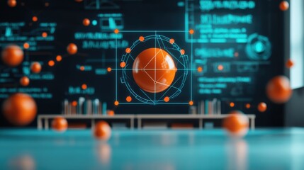 A 3D illustration of math science engineering and technology elements merged together in a classroom setting