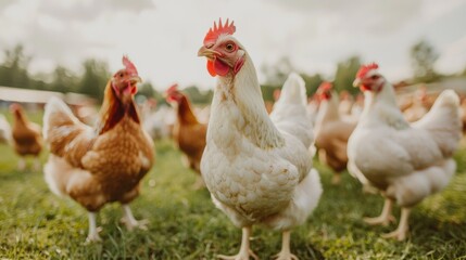 Fototapeta premium Organic chickens roaming freely in a large open pasture on a sustainable farm