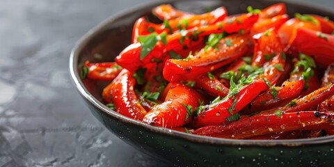 Deliciously roasted red bell pepper strips presented in a dish.