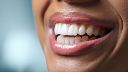 Obraz premium A close-up photo of a person's mouth, emphasizing their teeth and gums. The teeth are white and well-aligned, suggesting good dental health. The lips are slightly parted, revealing a glossy texture.