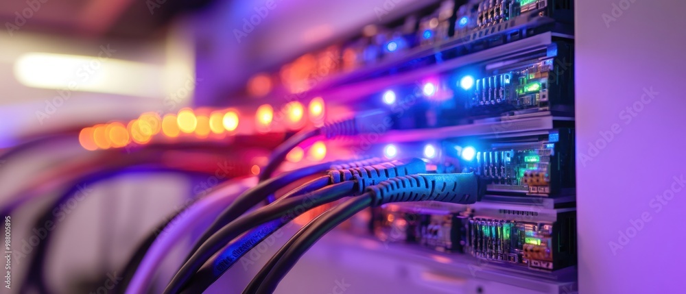 Poster server rack with colorful network cables and led indicators.