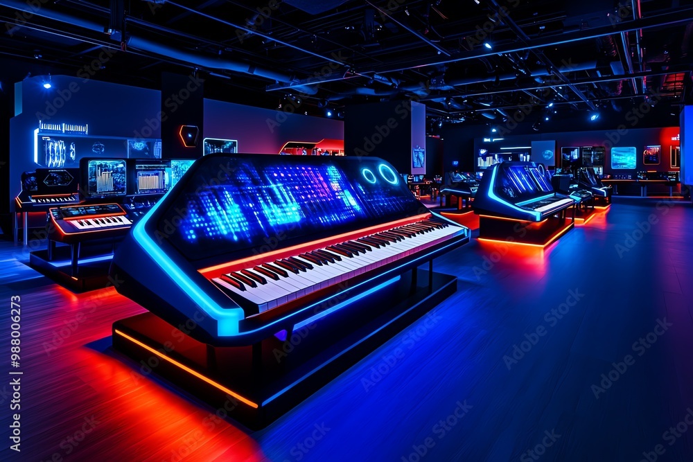 Poster sci-fi music museum, with advanced technology allowing visitors to compose music using glowing touch