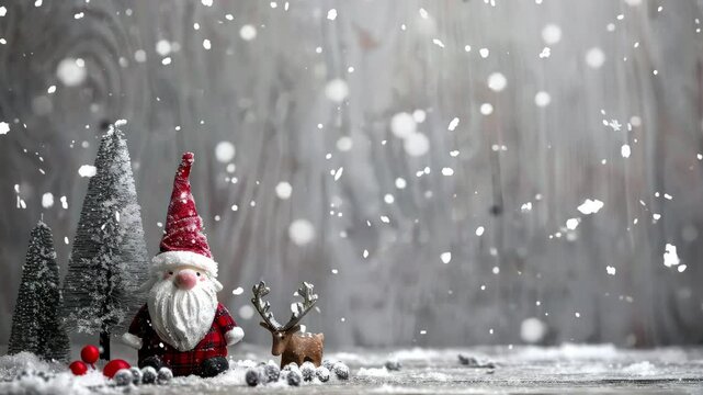 Christmas greeting video background, gnome and festive decoration chritsmas tree on outdoor with now  falling  
