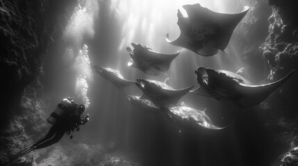 Diver encounters majestic manta rays in serene underwater scene.