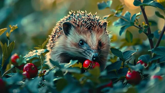 Adorable hedgehog exploring lush green foliage and red berries in the forest