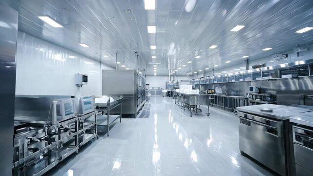 Interior of empty modern restaurant kitchen with stainless steel 