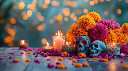 A pastel-toned altar with colorful marigold flowers, candles, and sugar skulls, arranged elegantly on a wooden table with soft lighting, providing ample space for text.