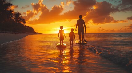 Fototapeta premium Silhouetted figures enjoying a sunset at the beach.