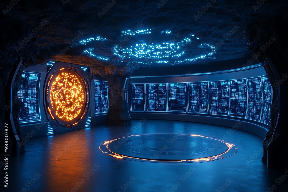 Poster sci-fi research lab underground, surrounded by holographic data screens and mysterious glowing cryst