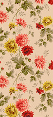 Vintage floral pattern with pink, red and yellow flowers against cream background.