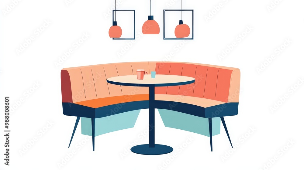 Poster modern minimalist 2d flat vector illustration of corner booth diner seating with simple geometric sh