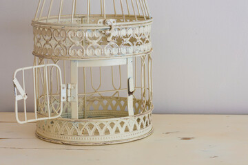 A close up image of a very old metal bird cage with a wide open door. 