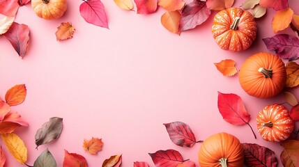 Pastel autumn leaves and pumpkins arranged in a minimal style, blank space for copy