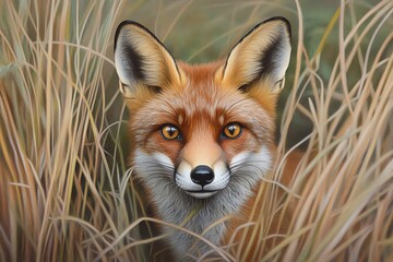 A close-up portrait of a fox peeking through tall grasses, showcasing its vibrant fur and keen expression.