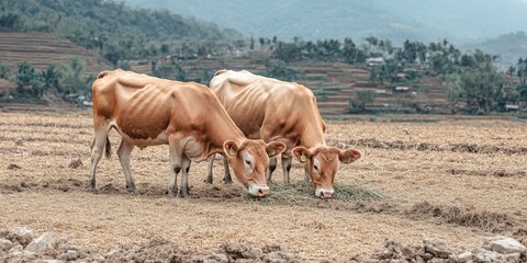 Obraz premium Cows Grazing in a Dry Rice Field During the Northern Laos Dry Season – Rural Farming and Seasonal Agriculture Scene
