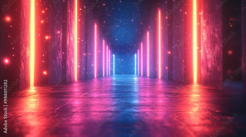 Poster abstract neon backgroun pink blue glowing vertical lines in ultraviolet spectrum laser rays spee of 