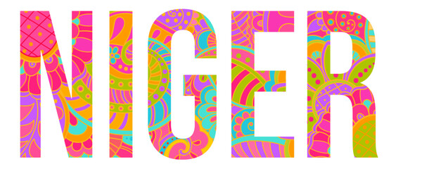 Niger country creative text design filled with hand drawn colorful doodle pattern