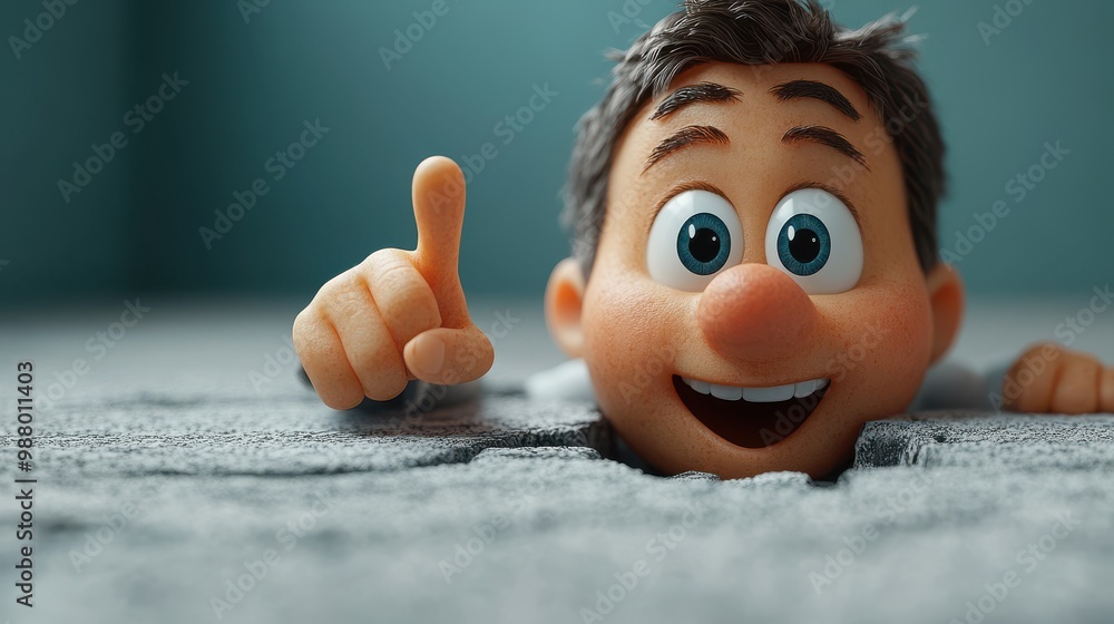 Poster funny cartoon character elastic han breaks a hole through the concrete floor shows left direction wi