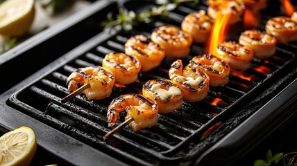 A shot of grilled shrimp skewers, with a brush of garlic butter glaze, placed over a hot grill with lemon wedges and herbs scattered around, set against a coastal backdrop