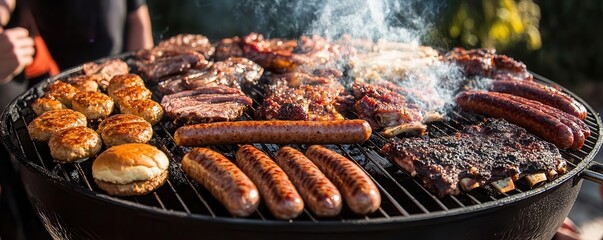 A wide shot of a large grill loaded with assorted meats, including sausages, burgers, and ribs, sizzling with visible steam, surrounded by friends enjoying a summer BBQ