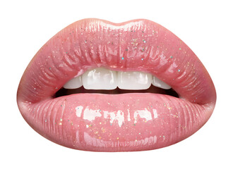 Close-up of glossy pink lips with a shimmering finish and sparkling glitter accents, showcasing smooth texture and natural beauty