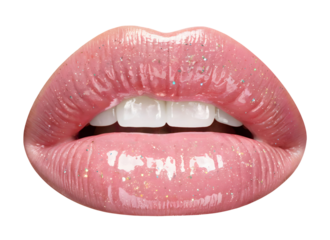 Close-up of glossy pink lips with a shimmering finish and sparkling glitter accents, showcasing smooth texture and natural beauty