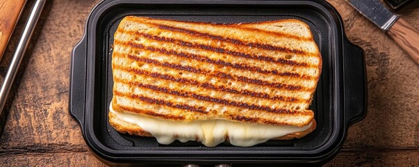A perfectly grilled cheese sandwich with golden-brown grill marks and melted cheese oozing out, sitting on a panini press, ready for a delicious meal.
