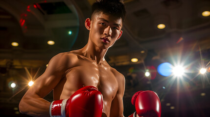 A powerful image of an Asian boxer in action, showcasing strength, determination, and the intense focus that defines the spirit of a true athlete.