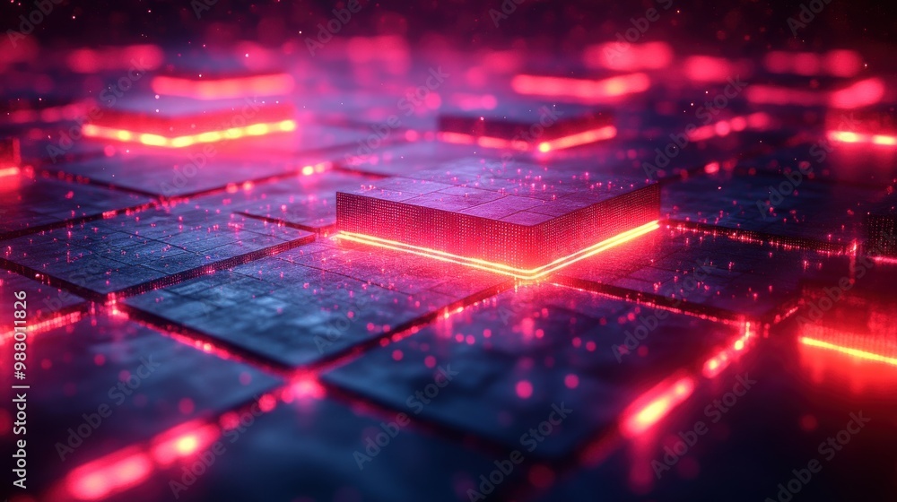 Poster render abstract facete backgroun re glowing neon light square tiles modern geometric texture cyber n