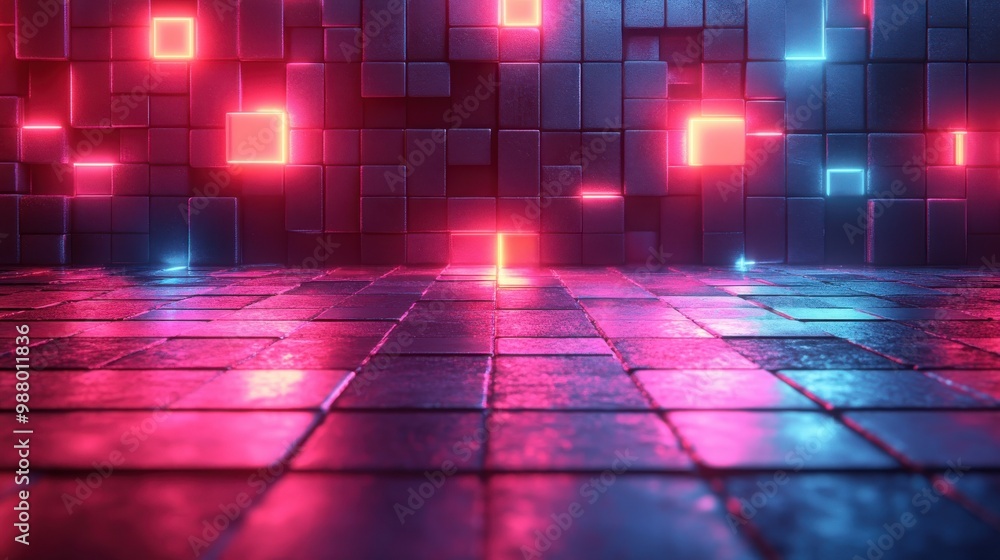 Poster render abstract facete backgroun re glowing neon light square tiles modern geometric texture cyber n