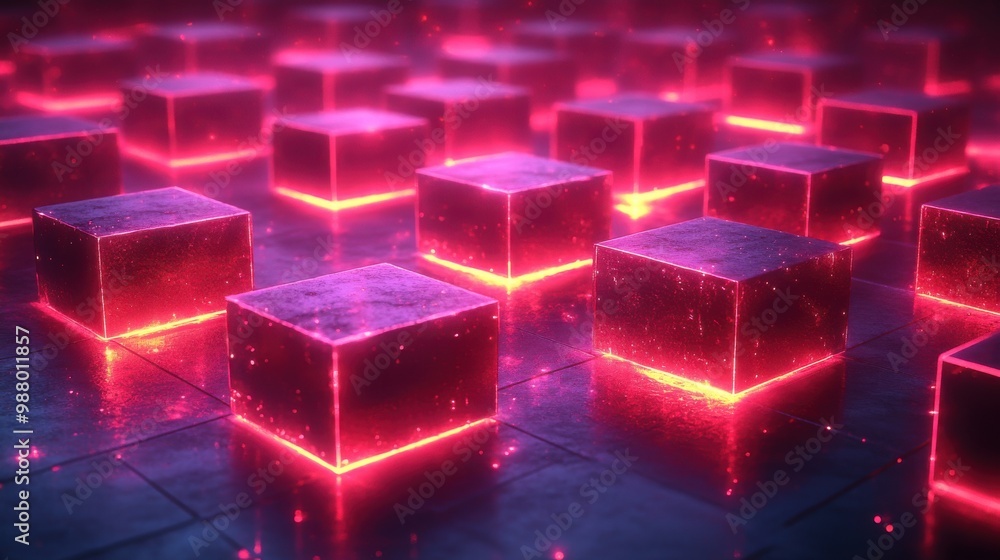 Poster render abstract facete backgroun re glowing neon light square tiles modern geometric texture cyber n