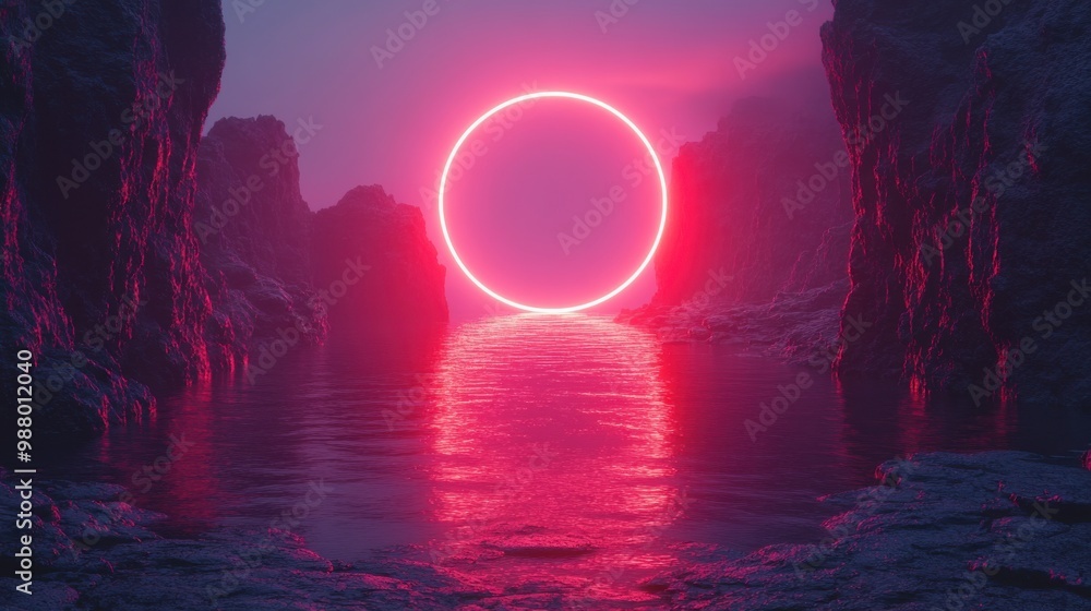 Poster render abstract futuristic backgroun with neon ring black cobble rocks an cobblestones an reflection