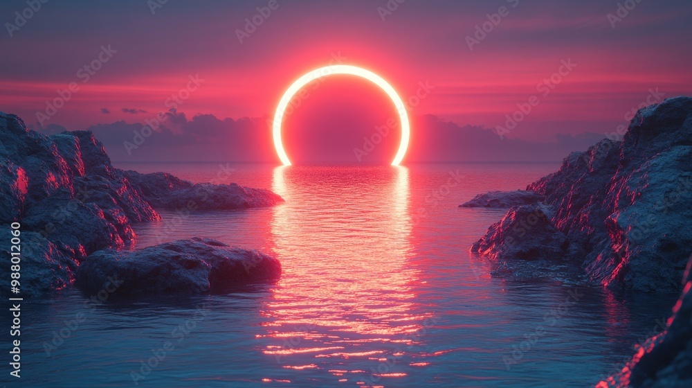 Poster render abstract futuristic backgroun with neon ring black cobble rocks an cobblestones an reflection