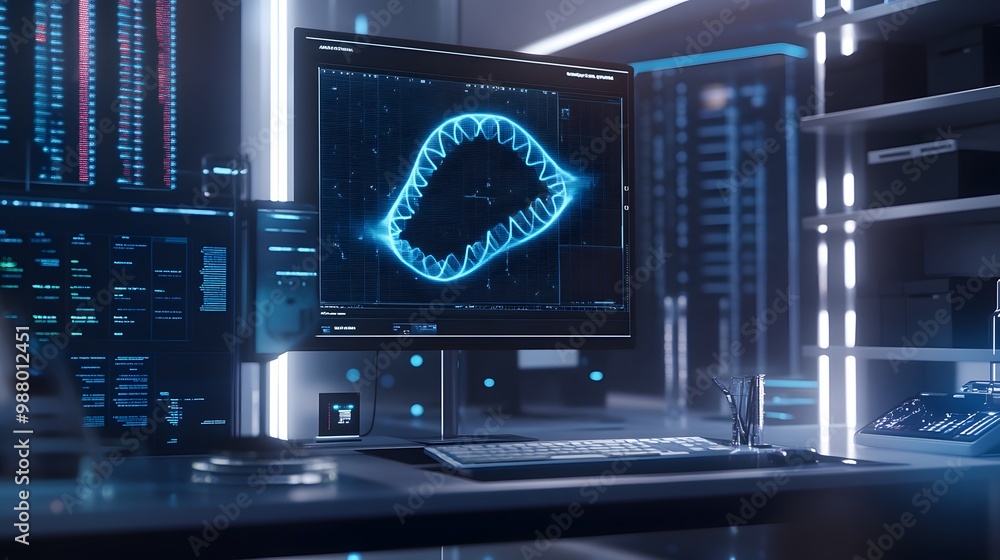 Poster a futuristic workstation with a monitor displaying a blue waveform pattern