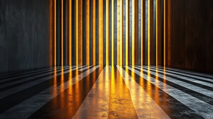 render abstract minimal scene with vertical golden lines isolate on black backgroun wet floor with reflection