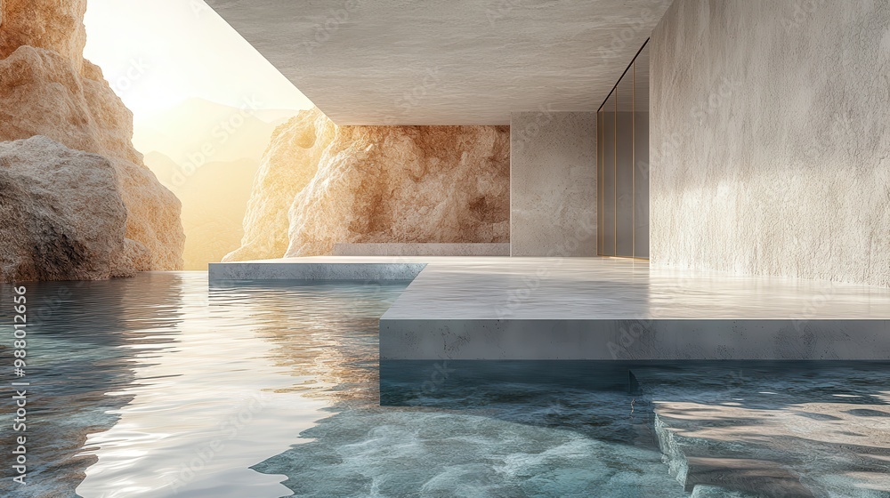 Poster render abstract minimal white backgroun with rough golden cobblestones reflection in the water on th