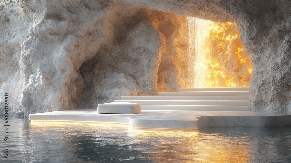Poster render abstract minimal white backgroun with rough golden cobblestones reflection in the water on th