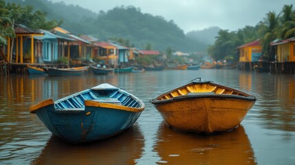 Obraz premium Two colorful boats on a tranquil river surrounded by houses.