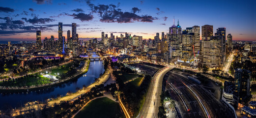 Aerial panorama of the beautiful city of Melbourne at dusk