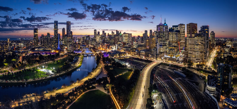 Aerial panorama of the beautiful city of Melbourne at dusk