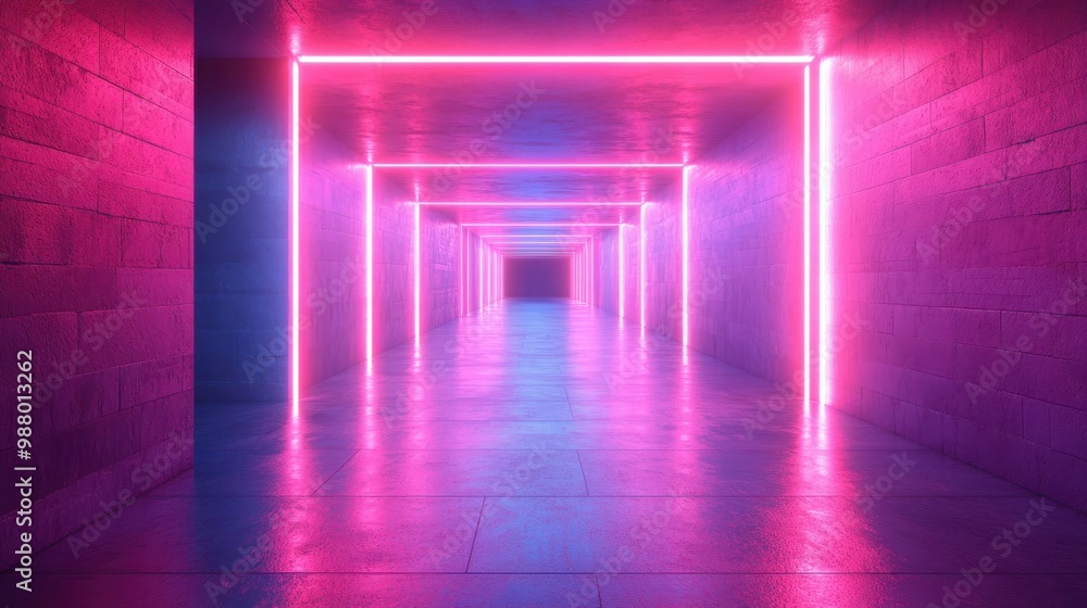 Poster render abstract neon light backgroun bright glowing lines inside square tunnel ultraviolet portal pe