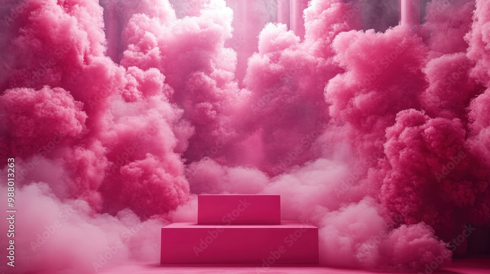 Poster render abstract pink fantasy backgroun small clouds floating above the cubic pedestal box podium sho