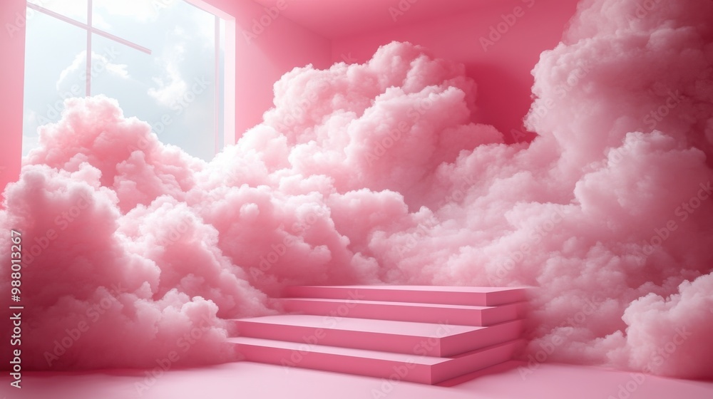 Poster render abstract pink fantasy backgroun small clouds floating above the cubic pedestal box podium sho